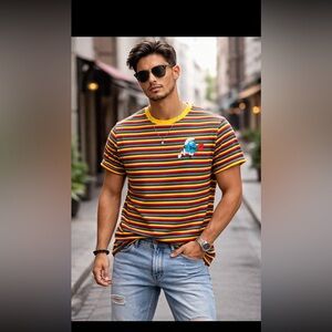 Men's Smurf Yellow Stripe Crewneck T-Shirt with Graphic Patch